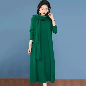 Осенне-зимнее платье Элегантная женская одежда шерстяной свитер с длинным рукавом вязаное платье комплект из двух частей с шарфом bd671