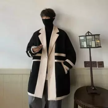 Осенне-зимнее плотное шерстяное пальто контрастных цветов средней длины Мужская Красивая Свободная Повседневная ветровка мужская одежда