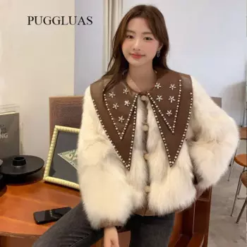 Осенне-зимнее плотное теплое пушистое пальто из искусственного меха для женщин с коричневым воротником Питер Пэн из искусственной кожи роскошная дизайнерская куртка женская одежда