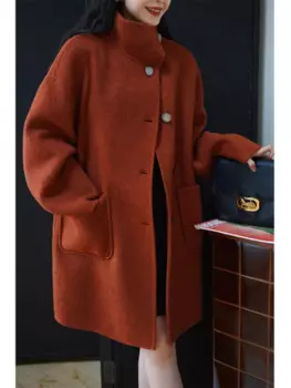 Осенне-зимнее шерстяное пальто женское французское винтажное двустороннее шерстяное пальто элегантное тонкое толстое теплое повседневное свободное шерстяное пальто с высоким воротником