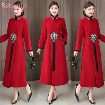 Осенне-зимнее шерстяное уличное пальто Чонсам с вышивкой в китайском стиле Женский костюм Тан женский Ретро Красный Синий ханьфу