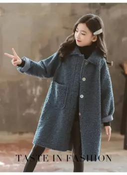 Осенне-зимнее теплое пальто для девочек-подростков с флисовым синим и белым отложным воротником, Толстая куртка для девочек, верхняя одежда 8, 12, 14