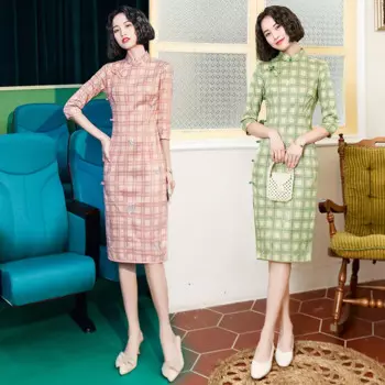 Осенне-зимнее винтажное женское платье в клетку на пуговицах Qipao Catwalk традиционное китайское женское вечернее платье Чонсам с вышивкой