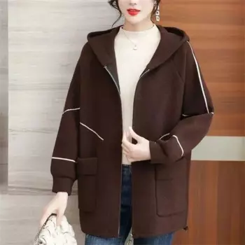 Осенне-зимнее женское Шерстяное Пальто с длинным рукавом, женское свободное облегающее шерстяное пальто с капюшоном, Женская шерстяная куртка большого размера 6XL