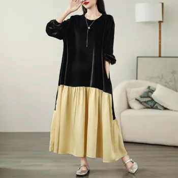 Осенне-зимнее женское свободное платье из двух частей с имитацией двух частей, женское платье оверсайз с круглым вырезом и длинным рукавом, элегантное лоскутное платье длиной до щиколотки