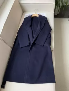 Осенне-зимнее женское темно-синее пальто средней длины с поясом и длинным рукавом Элегантная Женская шерстяная куртка