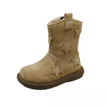 Осенне-зимние детские короткие сапоги из натуральной кожи на низком каблуке со звездами для мальчиков и девочек, детские уличные ботинки на плоской подошве для малышей