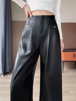 Осенне-зимние коричневые женские брюки из искусственной кожи, новинка 2024, корейская мода, Свободные повседневные длинные брюки с высокой талией и широкими штанинами, Брюки с карманами