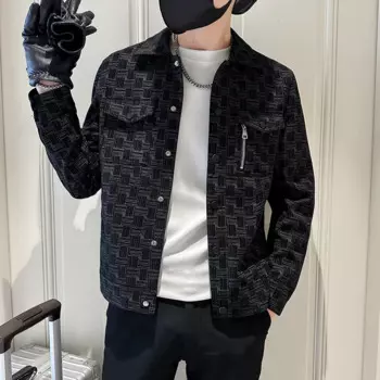 Осенне-зимние кожаные куртки для мужчин, корейская мода, тканая клетчатая куртка из искусственной кожи, куртка с отворотом, мотоциклетная велосипедная куртка, Мужская одежда 2023