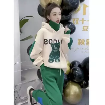 Осенне-зимние модные повседневные комплекты с капюшоном для женщин, тяжелая промышленность, вышивка медведем, бархатная толстовка с капюшоном, универсальные брюки, костюм из двух предметов