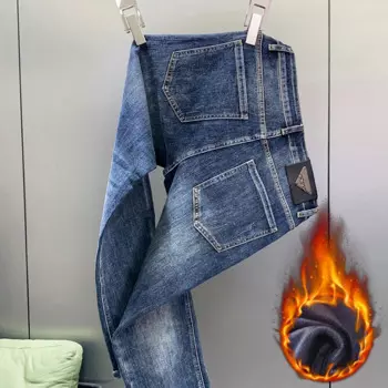 Осенне-зимние мужские джинсы на флисовой подкладке теплые модные повседневные универсальные потертые синие облегающие брюки простые классические брюки