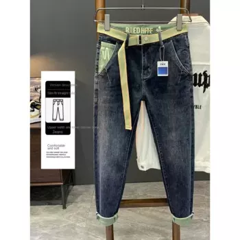 Осенне-зимние мужские джинсы, новинка, модные облегающие брюки с принтом Ins, утепленные брюки-карандаш с флисовой подкладкой