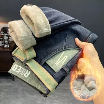 Осенне-зимние мужские джинсы, новинка, модные облегающие брюки с принтом Ins, утепленные брюки-карандаш с флисовой подкладкой