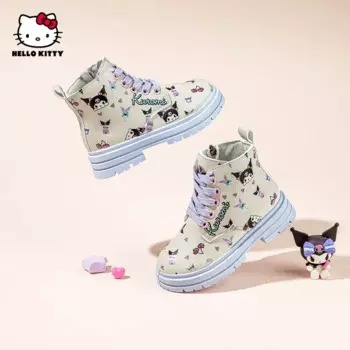 Осенне-зимние новые детские ботинки-мартинсы с принтом Kuromi Sanrio милые утепленные уличные кроссовки для девочек с героями мультфильмов