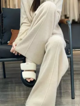 Осенне-зимние новые шерстяные брюки с завышенной талией, женские повседневные брюки с широкими штанинами, вязаные шерстяные брюки