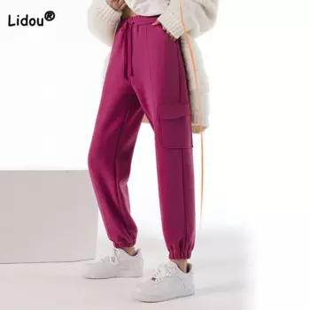 Осенне-зимние плотные теплые однотонные брюки-карго, женская одежда, модные Универсальные спортивные брюки с высокой талией и кулиской для женщин