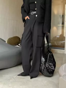 Осенне-зимние женские повседневные однотонные широкие брюки с высокой талией и карманами