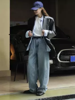 Осенне-зимние женские повседневные однотонные свободные джинсы с высокой талией