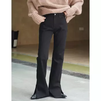 Осенне-зимние женские повседневные однотонные узкие джинсы-клеш с высокой талией и разрезом