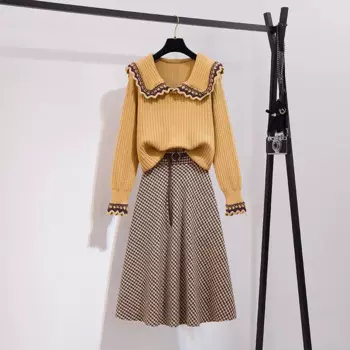 Осенне-зимний элегантный комплект из двух предметов для женщин 2023 вязаный свитер с кукольным воротником Топы и клетчатая юбка женские свободные костюмы большого размера
