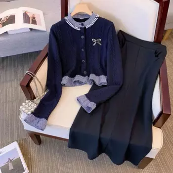 Осенне-зимний элегантный комплект из двух предметов для женщин 2023 вязаный кардиган с бисером топы и юбка большого размера женский черный серый спортивный костюм