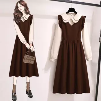 Осенне-зимний элегантный комплект из двух предметов для женщин 2023 блузка с кукольным воротником и платье с оборками Женский Повседневный черный костюм S-XL