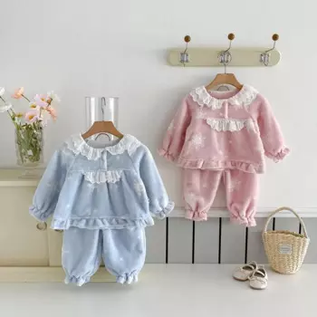 Осенне-зимний фланелевой пижамный комплект для девочек, милая детская домашняя одежда принцессы, повседневные кружевные пижамы с длинными рукавами для маленьких девочек