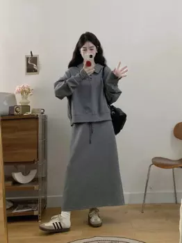 Осенне-зимний хлопковый комплект из двух предметов для женщин свитшот с воротником с лацканами и юбка Женский костюм большого размера серого и синего цветов