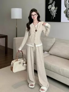 Осенне-зимний хлопковый комплект из двух предметов для женщин, топы с v-образным вырезом и широкие брюки, женские большие размеры 3XL, темно-серые одинаковые костюмы цвета хаки