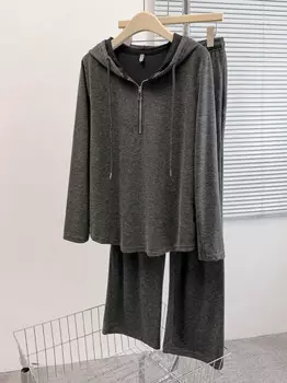 Осенне-зимний хлопковый комплект из двух предметов для женщин, топы с капюшоном и широкие брюки, женские спортивные одинаковые костюмы большого размера черного цвета хаки