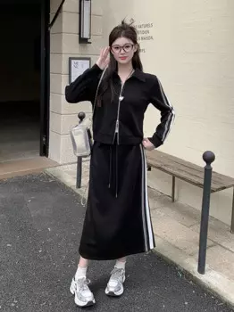 Осенне-зимний хлопковый комплект из двух предметов для женщин, двусторонняя куртка на молнии, топы и юбка, женские черные костюмы в полоску большого размера 3XL