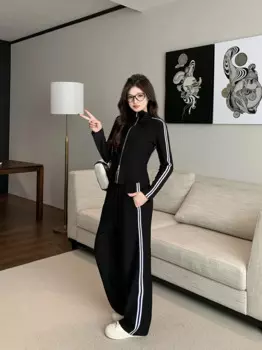 Осенне-зимний хлопковый комплект из двух предметов для женщин, куртка, кардиган, топы и широкие брюки, женский черный спортивный костюм большого размера