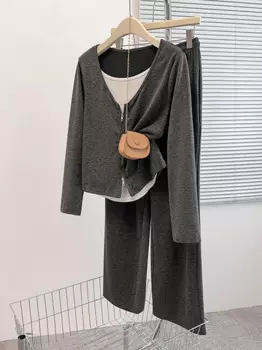 Осенне-зимний хлопковый комплект из двух предметов для женщин, топы с круглым вырезом и широкие брюки, женские спортивные одинаковые костюмы большого размера черного цвета цвета хаки