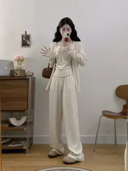Осенне-зимний хлопковый комплект из трех предметов для женщин, жилет, кардиган, топы и широкие брюки, Женский однотонный костюм большого размера