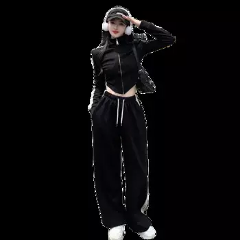 Осенне-зимний хлопковый спортивный комплект из двух предметов для женщин, куртка, топы и брюки, женские элегантные черные костюмы в полоску большого размера 3XL