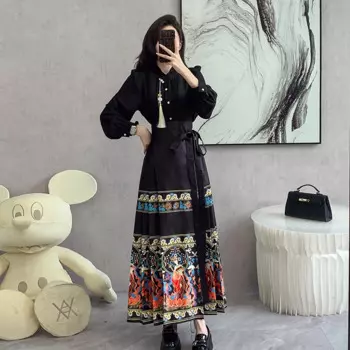 Осенне-зимний Китайский Комплект из двух предметов для женщин, блузка с бахромой и юбка с конским лицом, женские элегантные синие и черные костюмы большого размера