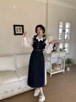 Осенне-зимний комплект из двух предметов для женщин, рубашка с длинным рукавом и джинсовое платье-майка, женские элегантные подходящие костюмы большого размера