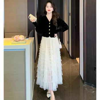 Осенне-зимний комплект из двух предметов для женщин, бархатный кардиган, топы и юбка с множеством воланов, женские элегантные подходящие костюмы больших размеров 3XL