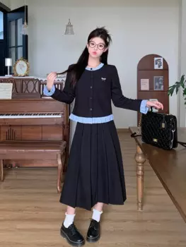 Осенне-зимний комплект из двух предметов из полиэстера для женщин, однобортные топы и юбка в полоску, женские черные одинаковые костюмы большого размера 3XL