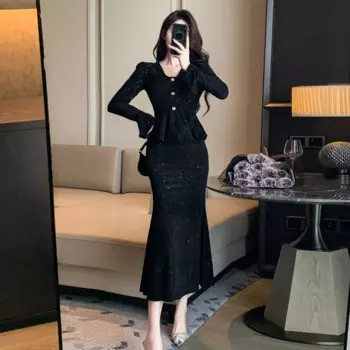 Осенне-зимний комплект из двух предметов с блестками для женщин, топ с оборками и юбка-годе, женский элегантный офисный черный костюм большого размера 2XL