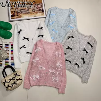 Осенне-зимний милый темпераментный тяжелый промышленный свитер с блестками и бантом для улицы Универсальный кардиган с V-образным вырезом вязаный кардиган