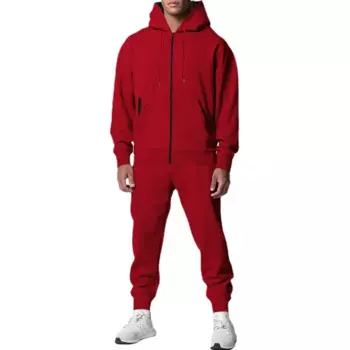 Осенне-зимний мужской флисовый однотонный комплект с двумя карманами Тонкий спортивный костюм с капюшоном