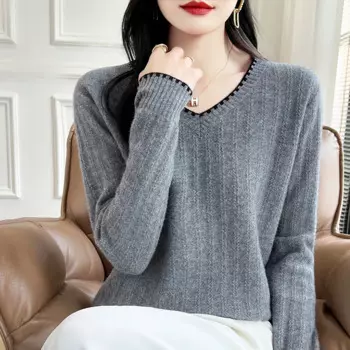 Осенне-зимний новый однотонный вязаный свитер из 100% чистой шерсти в стиле ретро, женский модный свободный пуловер с v-образным вырезом.