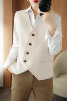 Осенне-зимний новый жилет из 100% чистой шерсти женский двусторонний Топ без рукавов с V-образным вырезом Короткое Однотонное шерстяное пальто высокого качества