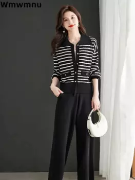 Осенне-зимний полосатый свитер, комплект из 2 предметов, корейский мягкий однобортный трикотаж, повседневные мешковатые широкие брюки с высокой талией, Conjunto