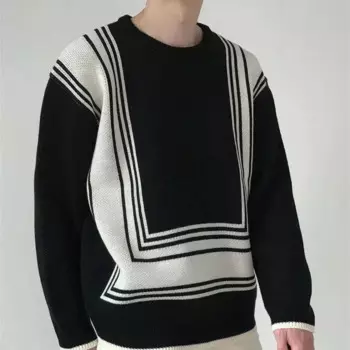 Осенне-зимний полосатый вязаный свитер для мужчин, утепленный вязаный свитер, Свободный пуловер с круглым вырезом, джемпер, мужская одежда