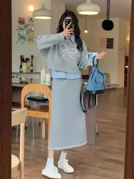 Осенне-зимний повседневный комплект из двух предметов для женщин, Свитшот в полоску в стиле пэчворк и юбка, женские элегантные подходящие костюмы больших размеров