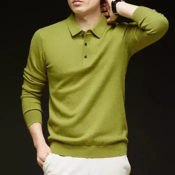 Осенне-зимний шерстяной вязаный свитер с лацканами Мужская однотонная утепленная рубашка-поло с длинными рукавами Мужская Удлиненная рубашка