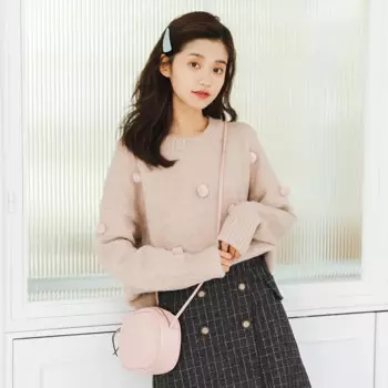 Осенне-зимний свитер для девочек, милый шикарный мягкий пуловер с помпоном, Женский хлопковый однотонный вязаный джемпер с круглым воротником, топы H9382