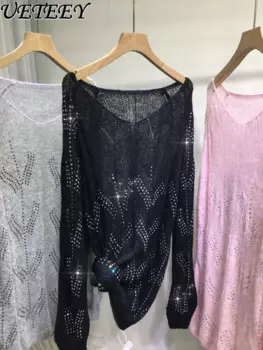 Осенне-зимний свитер для тяжелой промышленности Hot Diamond, женский мягкий восковой свободный вязаный пуловер с v-образным вырезом и длинными рукавами